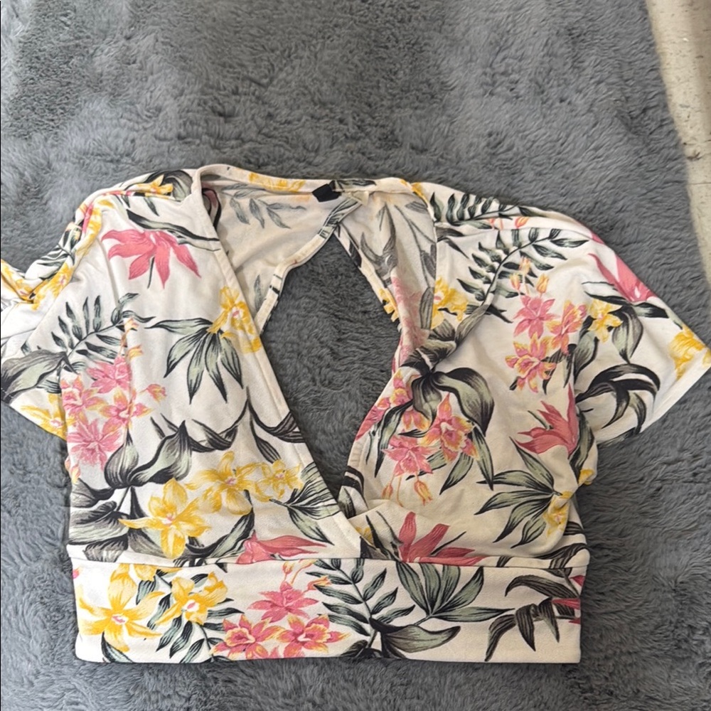 Divided Pink and Yellow Floral Crop Blouse with Tie Back